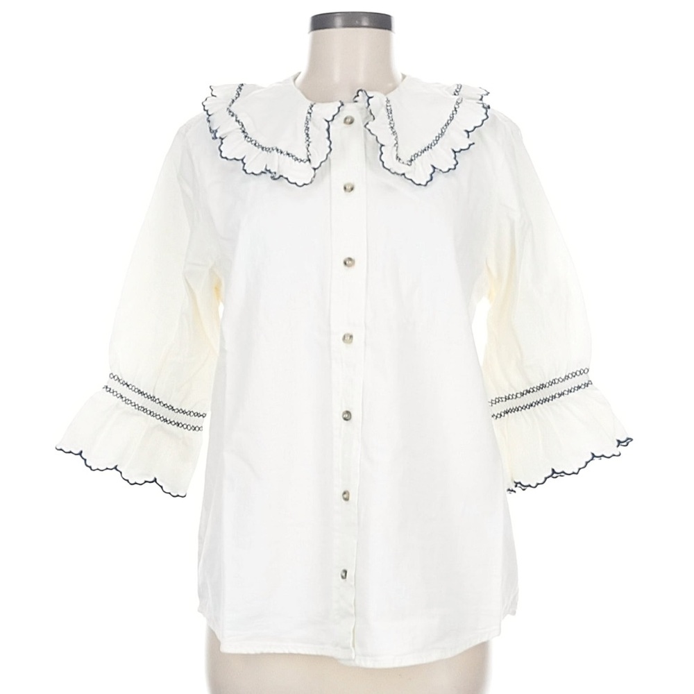 Seventy + Mochi Cream Scalloped Collar Blouse Navy Trim US 8
